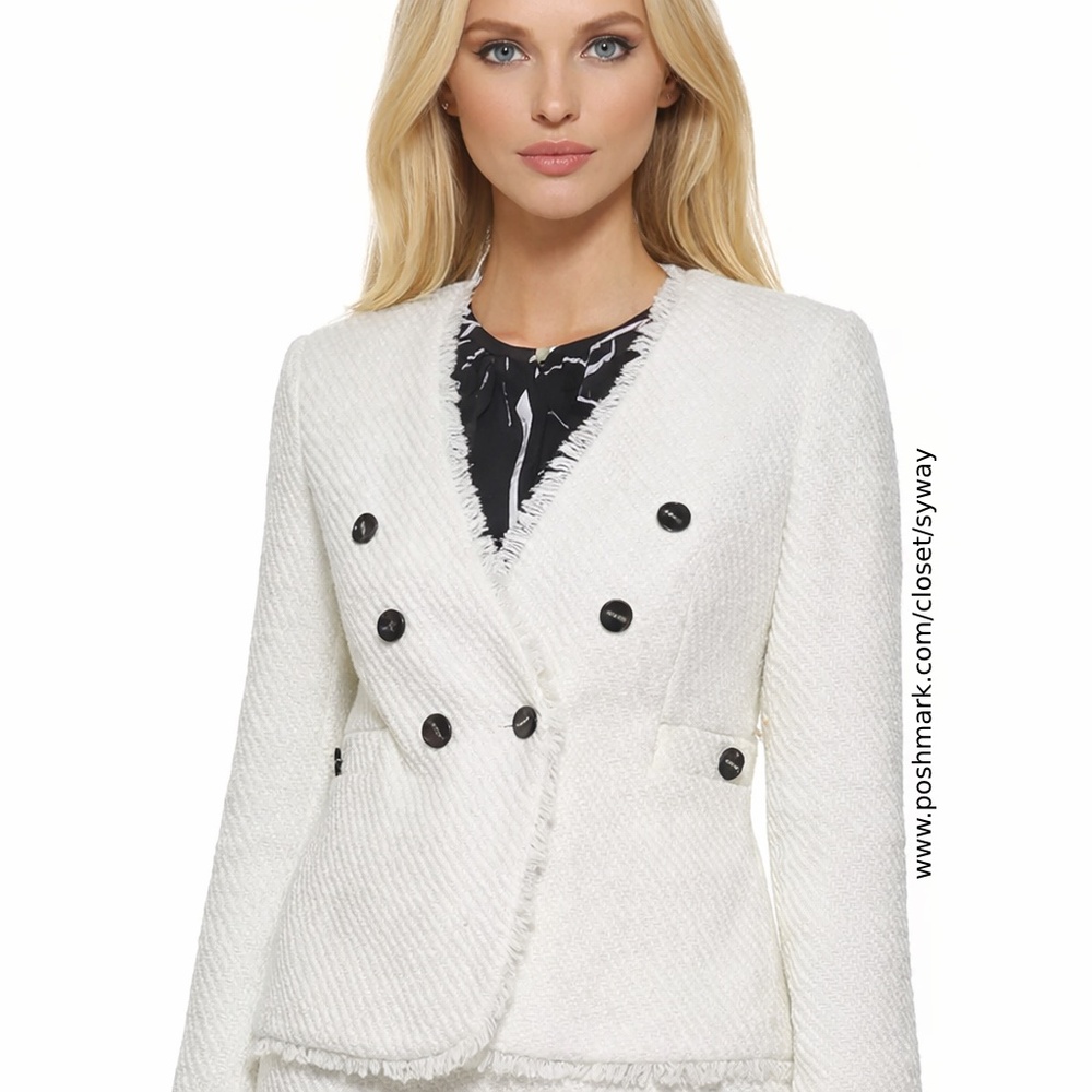 DKNY White Tweed Fringe-Trim Double Breasted Career Blazer